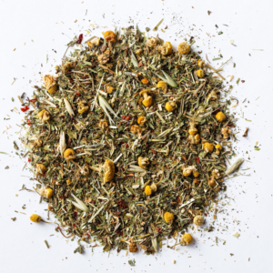 unwind the mind loose leaf herbal tea blend of chamomile, oat tops, alfalfa, nettle, rosehips